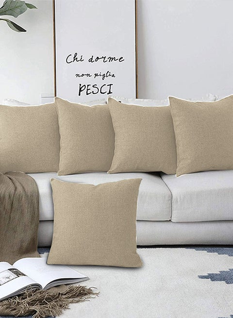 5 Pieces Square Linen Decorative Cushion Set Solid Design Light Beige 65x65cm