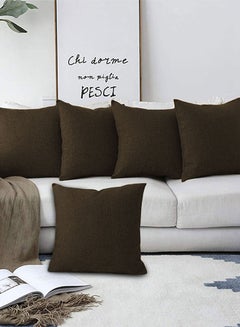REGAL IN HOUSE 5 Pieces Square Linen Decorative Cushion Set Solid Design Dark Brown 65x65cm  - Image 1