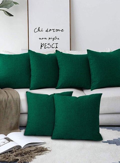 6 Pieces Square Linen Decorative Cushion Set Solid Design Dark Green