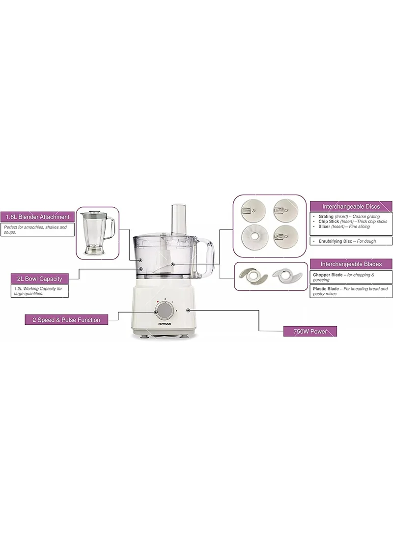 KENWOOD Food Processor, Blender, Whisk, Dough Maker 2 L 750 W FDP03.C0WH White