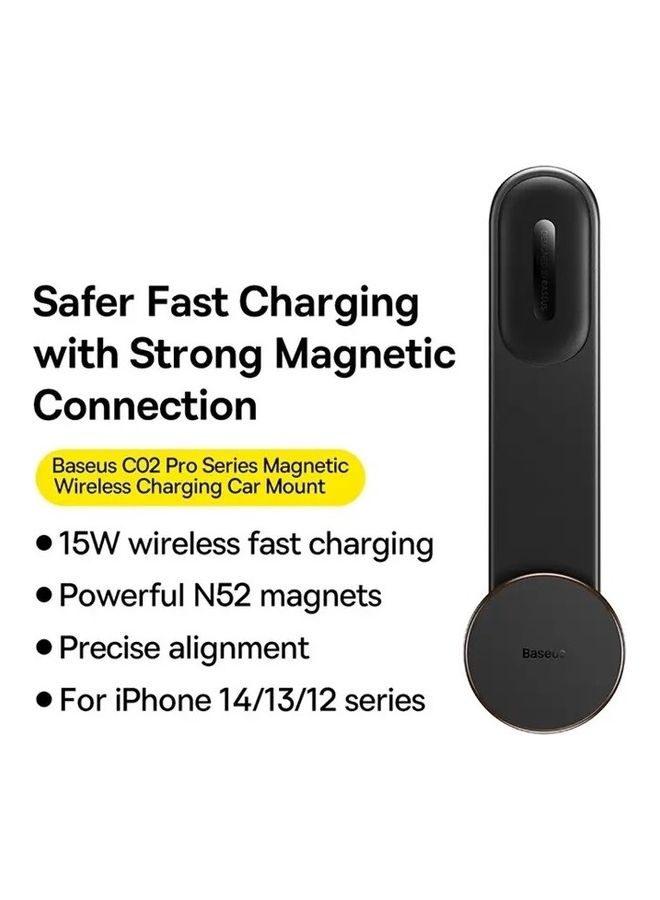 Baseus - 15W Wireless Magnetic Magsafe Car Mount Phone Holder Compatible With iPhone 15 Pro Max/Plus,14,13, 12 Pro Plus Max Mini, Tesla Car Bendable Memory Titanium Alloy For All Dashboard And Center Console Black - Image 1