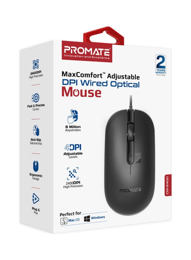 PROMATE - Wired Mouse with 6 million Keystrokes, Adjustable 2400DPI, 4 Programmable Buttons, 1.5m Cord and Anti-Slip Grip, CM-2400 Black - Image 1