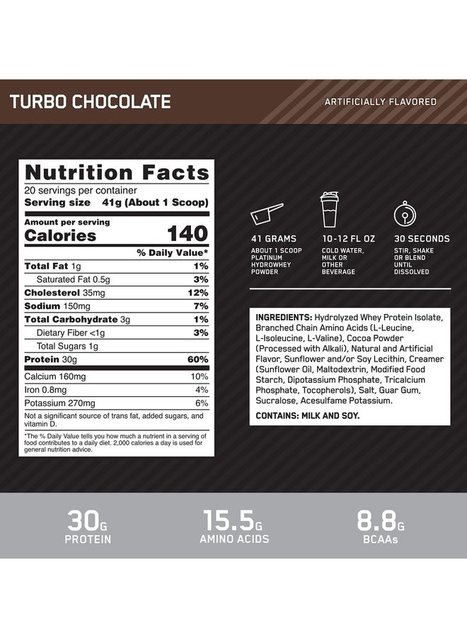 Optimum Nutrition Platinum HydroWhey Turbo Chocolate 1.8 Lbs 820 Gram  - Image 3