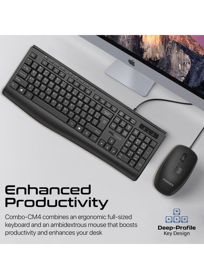 PROMATE - Wired Keyboard and Mouse with Ambidextrous, 2400 Adjustable DPI, Media Keys, Deep-Profile Keycap, Spill Resistance, Combo-CM4 Black - Image 1