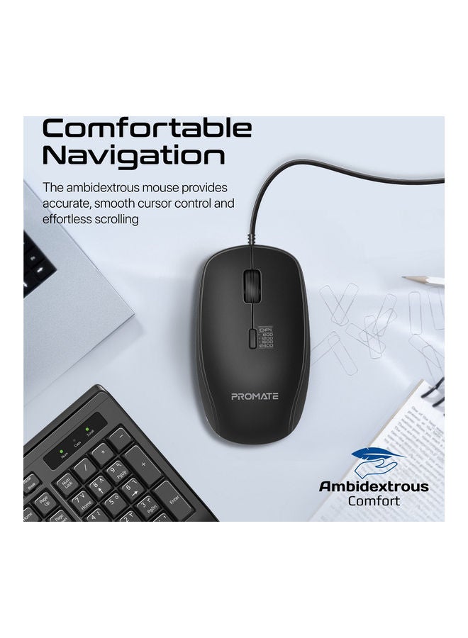 PROMATE - Wired Keyboard and Mouse with Ambidextrous, 2400 Adjustable DPI, Media Keys, Deep-Profile Keycap, Spill Resistance, Combo-CM4 Black - Image 1