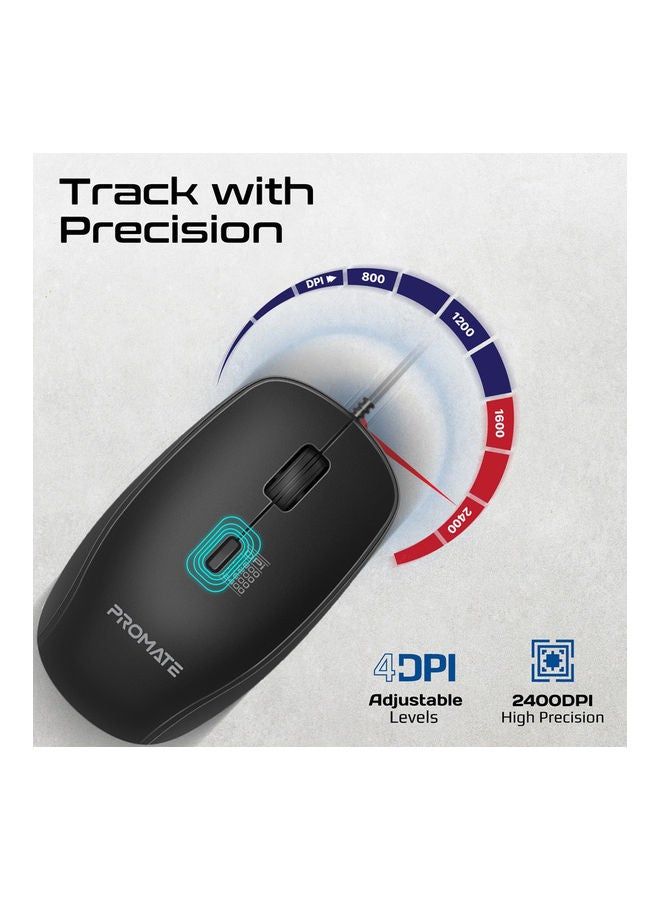 PROMATE - Wired Keyboard and Mouse with Ambidextrous, 2400 Adjustable DPI, Media Keys, Deep-Profile Keycap, Spill Resistance, Combo-CM4 Black - Image 1