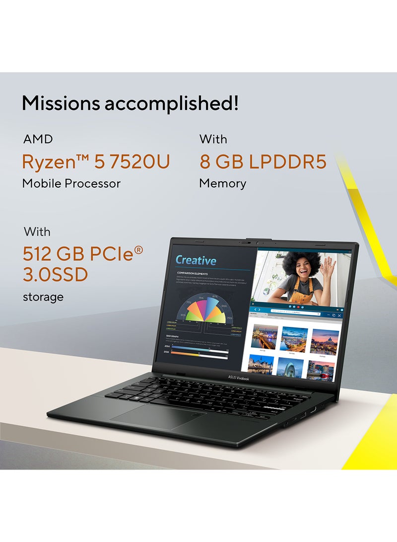 ASUS - Vivobook GO 14 E140FA-NK185W, Slim Laptop, R5 7520U 8GB 512GB PCIE G3 SSD, AMD Radeon, WIN11 HOME, 14-inch, HD Webcam, Fingerprint, Backlit English/Arabic Mixed Black (Upgraded Version) - Image 1