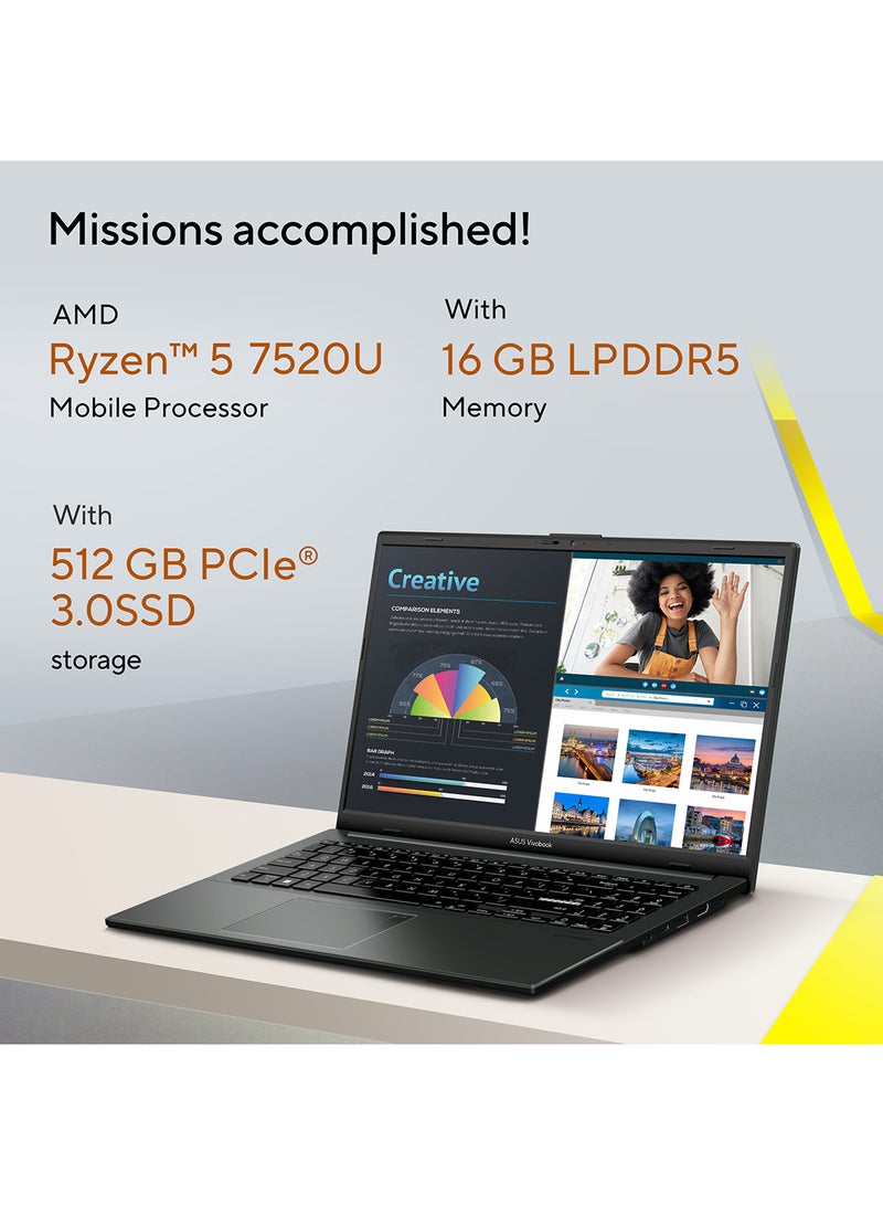 ASUS - Vivobook Go 15 OLED E1504FA-OLEDR5W (Mixed Black) Slim Laptop, R5 7520U 16GB 512GB PCIE G3 SSD, AMD Radeon, WIN11 HOME, 15.6-inch, HD Webcam, Fingerprint, Backlit English/Arabic Mixed Black - Image 1