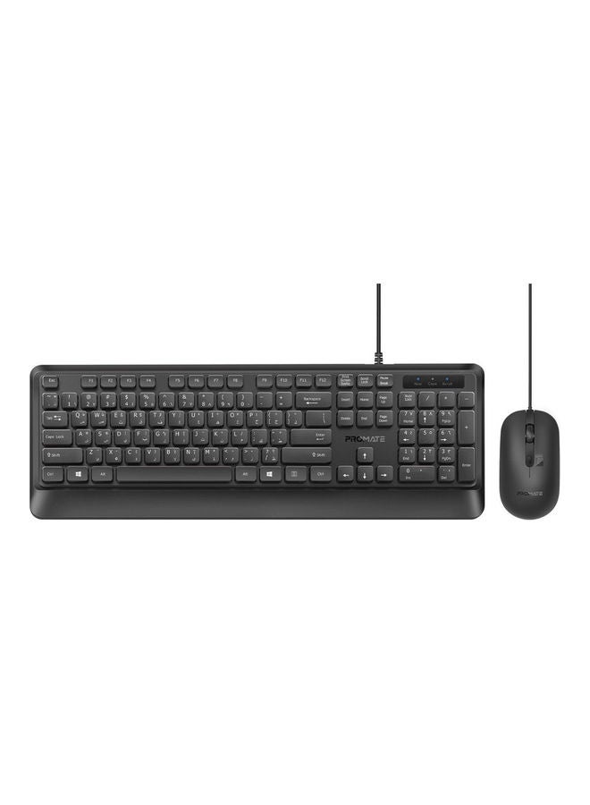 PROMATE Ultra-Slim Wired Keyboard with 2400 DPI Mouse, Silicone Grip, Palm Rest and Angled Design, Combo-CM5 Black 