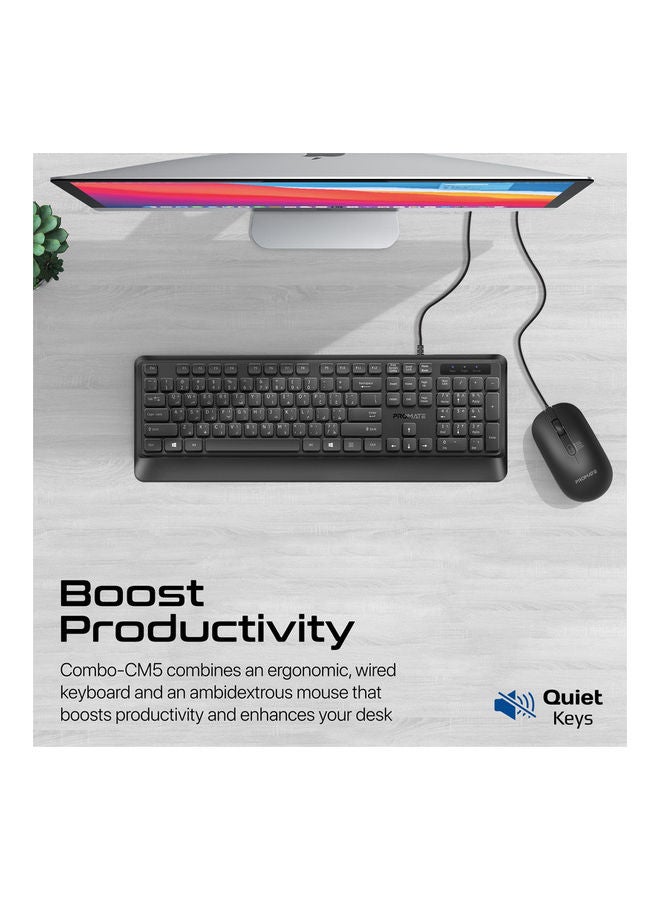 PROMATE - Ultra-Slim Wired Keyboard with 2400 DPI Mouse, Silicone Grip, Palm Rest and Angled Design, Combo-CM5 Black - Image 1