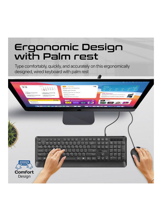 PROMATE - Ultra-Slim Wired Keyboard with 2400 DPI Mouse, Silicone Grip, Palm Rest and Angled Design, Combo-CM5 Black - Image 1