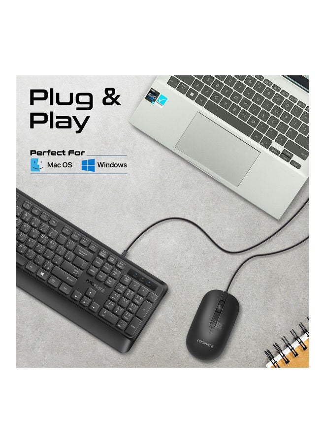 PROMATE - Ultra-Slim Wired Keyboard with 2400 DPI Mouse, Silicone Grip, Palm Rest and Angled Design, Combo-CM5 Black - Image 1