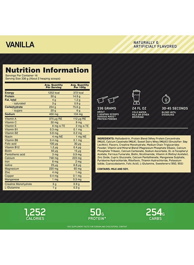 أوبتيموم نيوتريشن مسحوق بروتين زيادة الوزن سيريوس ماس مع فيتامين سي والزنك وفيتامين د لدعم المناعة - فانيلا 12 رطل - Image 3