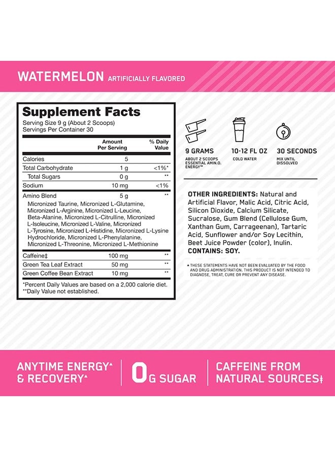 Optimum Nutrition - Amino Energy - Pre Workout With Green Tea, Bcaa, Amino Acids, Keto Friendly, Green Coffee Extract, 0 Grams of Sugar, Anytime Energy Powder - Watermelon, 270 G , 30 Servings - Image 1