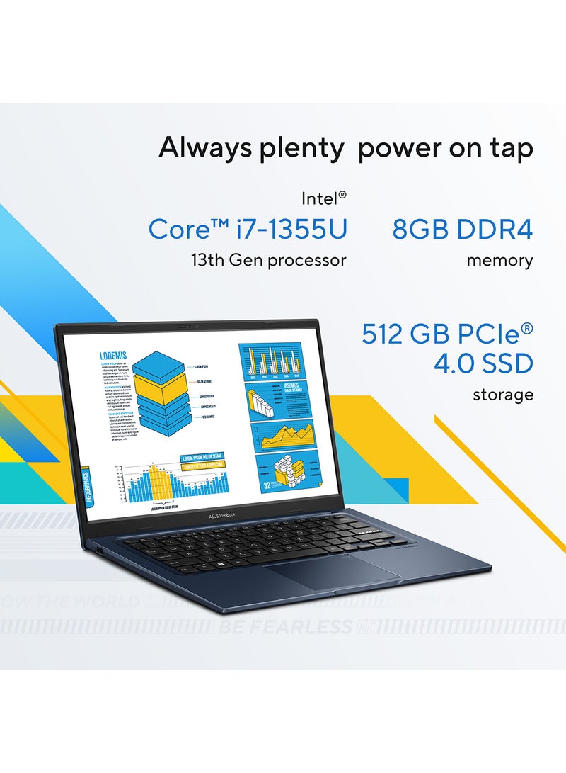 ASUS - Vivobook 14 X1404VA-EB214W Slim Laptop, i7-1355U 8GB 512GB PCIE G3 SSD, Intel UMA, WIN11 HOME, 14-inch, HD Webcam, Fingerprint, Backlit English/Arabic Quiet Blue - Image 1
