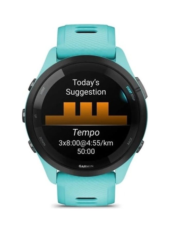 GARMIN - Forerunner 265 - 46MM - Up To 20 Hours Battery Life In GPS Mode - 1.3"inch Amoled Display, Scratch Resistant, Corning® Gorilla® Glass 3, Heart Rate Monitor, Stress Tracking, Save Music On Device, Advanced GPS and Running Features, Advanced Training Metrics and Recovery Insights, iOS and Android Compatible Aqua - Image 1