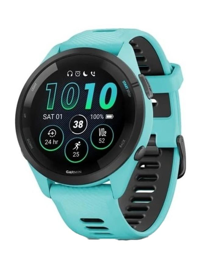 GARMIN - Forerunner 265 - 46MM - Up To 20 Hours Battery Life In GPS Mode - 1.3"inch Amoled Display, Scratch Resistant, Corning® Gorilla® Glass 3, Heart Rate Monitor, Stress Tracking, Save Music On Device, Advanced GPS and Running Features, Advanced Training Metrics and Recovery Insights, iOS and Android Compatible Aqua - Image 1