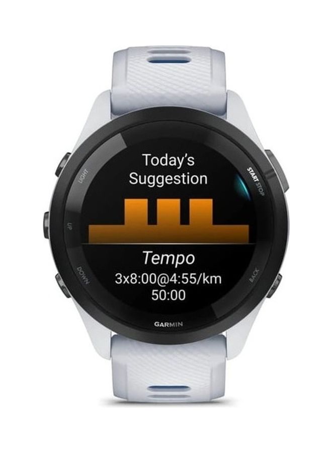 GARMIN - Forerunner 265 - 46MM - Up To 20 Hours Battery Life in GPS Mode - 1.3"inch Amoled Display, Scratch Resistant, Corning® Gorilla® Glass 3, Heart Rate Monitor, Stress Tracking, Save Music On Device, Advanced GPS and Running Features, Advanced Training Metrics and Recovery Insights, iOS and Android Compatible White - Image 1