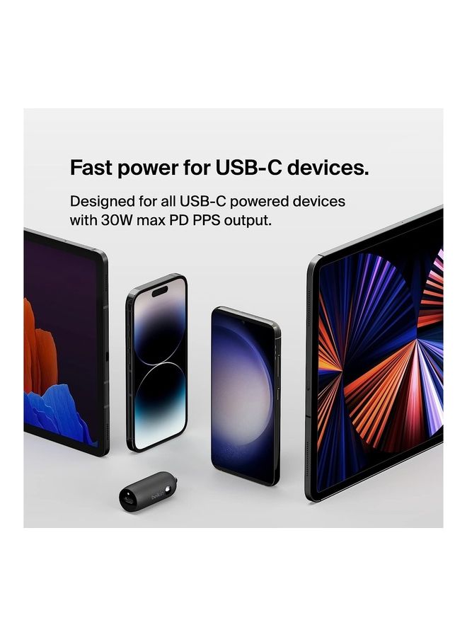 بيلكين - شاحن سيارة سريع BOOST↑CHARGE بقدرة 30 وات، وتصميم مضغوط مع منفذ توصيل طاقة USB-C، وتوافق عالمي لأجهزة iPhone 14 وGalaxy S23 وسلسلة Note والمزيد - أسود - Image 1