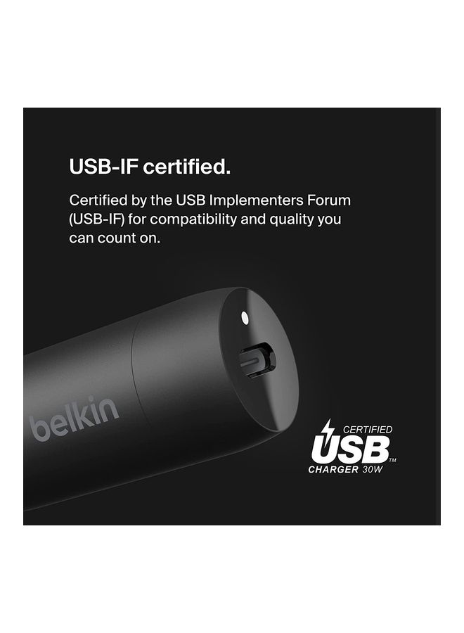 بيلكين - شاحن سيارة سريع BOOST↑CHARGE بقدرة 30 وات، وتصميم مضغوط مع منفذ توصيل طاقة USB-C، وتوافق عالمي لأجهزة iPhone 14 وGalaxy S23 وسلسلة Note والمزيد - أسود - Image 1