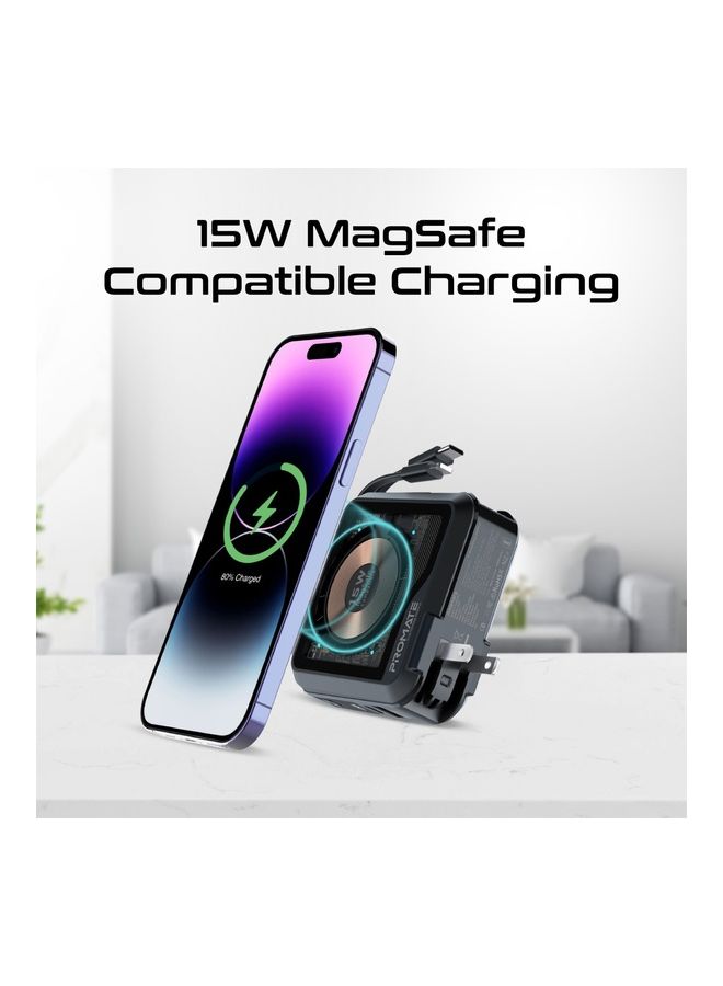 PROMATE - 10000 mAh Power Bank With Ac Charger, 15W Magsafe Transparent Battery Pack With Built-In 22.5W Usb-C Power Delivery, 20W Lightning Cables, Qc 3.0 Usb Port  And Phone Holder For Iphone 14,15 Ipad Air Black - Image 1