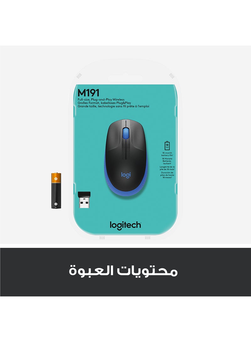 Logitech - Wireless Mouse M190, Full Size Ambidextrous Curve Design, 18-Month Battery With Power Saving Mode, USB Receiver, Precise Cursor Control Blue/Black - Image 1