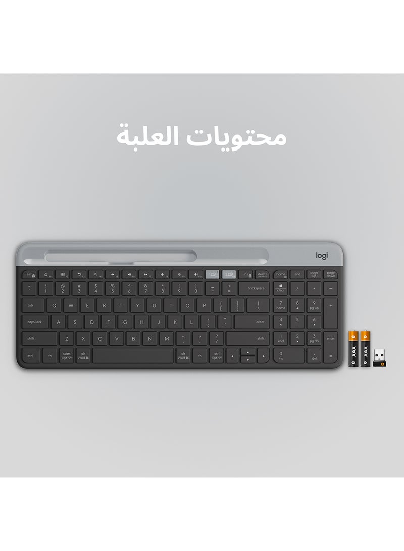 لوجيتيك - لوحة مفاتيح لاسلكية K580 رفيعة متعددة الأجهزة - بلوتوث/جهاز استقبال، مدمج، سهل التبديل، بطارية 24 شهرًا، Windows/Mac، سطح المكتب، الكمبيوتر اللوحي، الهاتف الذكي، متوافق مع الكمبيوتر المحمول، لوحة مفاتيح باللغة العربية - Image 1