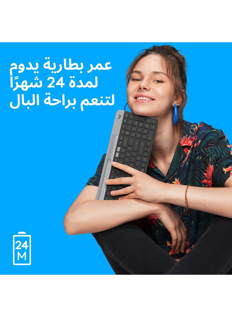 لوجيتيك - لوحة مفاتيح لاسلكية K580 رفيعة متعددة الأجهزة - بلوتوث/جهاز استقبال، مدمج، سهل التبديل، بطارية 24 شهرًا، Windows/Mac، سطح المكتب، الكمبيوتر اللوحي، الهاتف الذكي، متوافق مع الكمبيوتر المحمول، لوحة مفاتيح باللغة العربية - Image 1