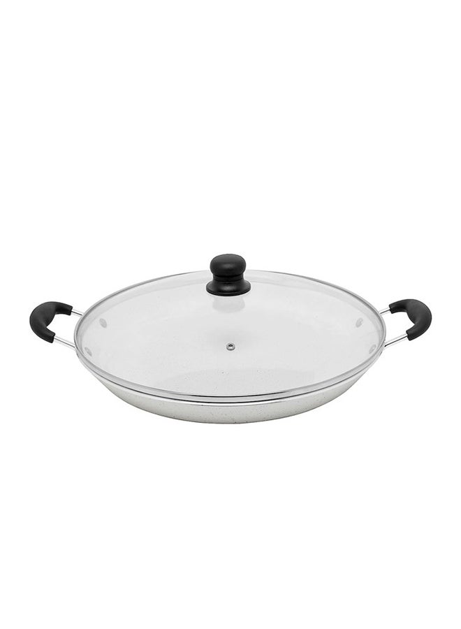 Non-Stick Aluminum Marble Coated Seafood Pan With Heat Resistant Handles With Glass Lid White 40cm 