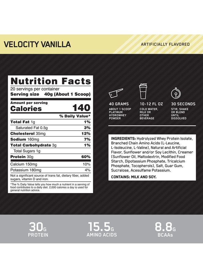 Optimum Nutrition Platinum HydroWhey Velocity Vanilla  - Image 3