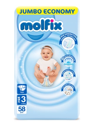 58 Piece -Midi Comfort Fix Diapers 3D Size 3 Jumbo Pack 4 to 9 Kg - v1689602190/N20439048A_1