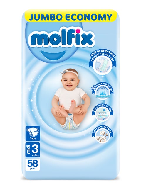 58 Piece -Midi Comfort Fix Diapers 3D Size 3 Jumbo Pack 4 to 9 Kg