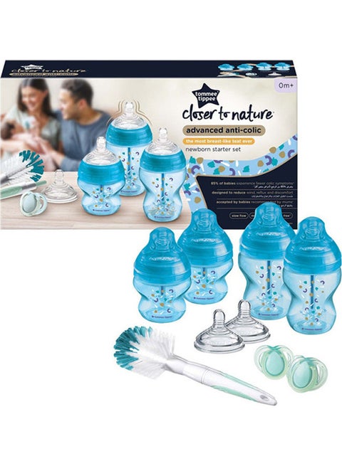 Advanced Anti-Colic Newborn Baby Bottle Starter Kit, Slow-Flow Venting System 0m+, Mixed Sizes, Blue
