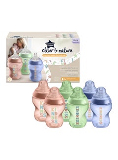 Closer To Nature Baby Bottles, Anti-Colic Valve, Slow-Flow, 260ml, 0+ Months, Pack Of 6 - Multicolour