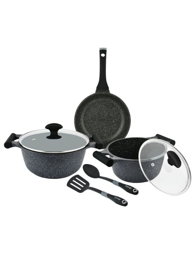 7-Piece Granite Non-Stick Aluminium Essentials Cookware Set Black/Clear 