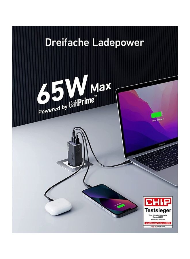 Anker - USB C Charger, Anker 735 Charger GaNPrime 65W, PPS 3-Port Fast Power Supply for MacBook Pro/Air, iPad Pro, Galaxy S22/S21, HP Spectre, Note 20/10+, iPhone 13/Pro,  iPhone 14/Pro Black - Image 1