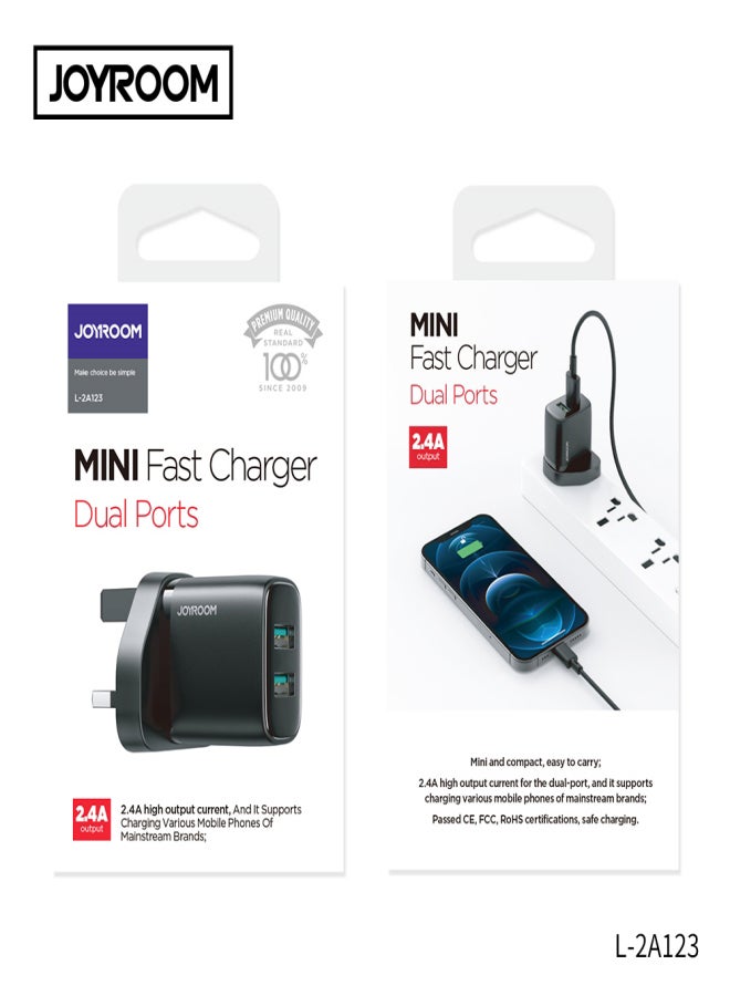 JOYROOM - 2.4A dual-port mini 12W fast charger, supports QC 3.0. Wall charger plug travel adapter mini dual-port 12W fast power charger, compatible with Samsung AFC, Huawei SCP, and other lower versions of iPhones. Black - Image 1