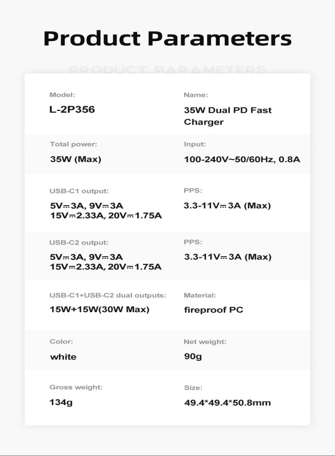 35W Dual PD Fast Charger, QC3.0 Wall Charger Plug Travel Adapter Dual USB-C Fast Charger, PD18W/20W iP 8-11/12-13 Full Series, PPS 25W, iPad as well as laptop, compatible with Samsung AFC, Huawei SCP and other lower versions of iPhone. White - v1689750538/N53335525A_9
