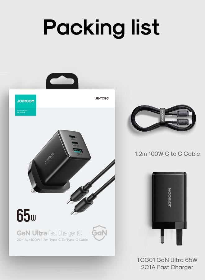 JOYROOM - Fast Charger And Cable Set PD 65W 3-Port GaN Type-C Plug QC 3.0 USB C Laptop Adapter Compatible With MacBook Pro/Air, Dell XPS, iPhone 14,iPad Pro, Galaxy S23,Pixel 7,Steam Deck/Lenovo/ASUS Contains A 100W C-C Data Cable Black - Image 1