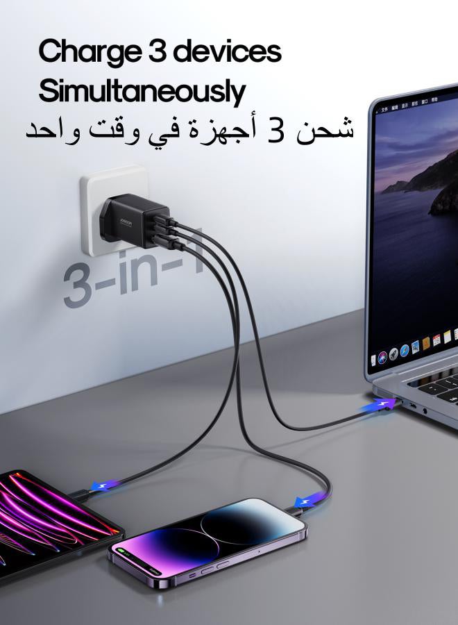 JOYROOM - Fast Charger And Cable Set PD 65W 3-Port GaN Type-C Plug QC 3.0 USB C Laptop Adapter Compatible With MacBook Pro/Air, Dell XPS, iPhone 14,iPad Pro, Galaxy S23,Pixel 7,Steam Deck/Lenovo/ASUS Contains A 100W C-C Data Cable Black - Image 1