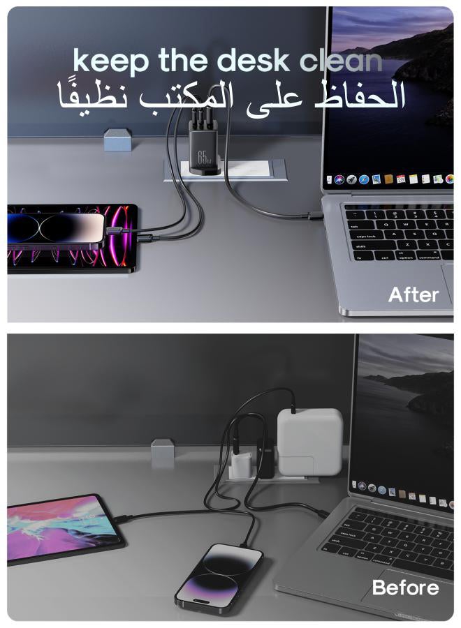 JOYROOM - Fast Charger And Cable Set PD 65W 3-Port GaN Type-C Plug QC 3.0 USB C Laptop Adapter Compatible With MacBook Pro/Air, Dell XPS, iPhone 14,iPad Pro, Galaxy S23,Pixel 7,Steam Deck/Lenovo/ASUS Contains A 100W C-C Data Cable Black - Image 1
