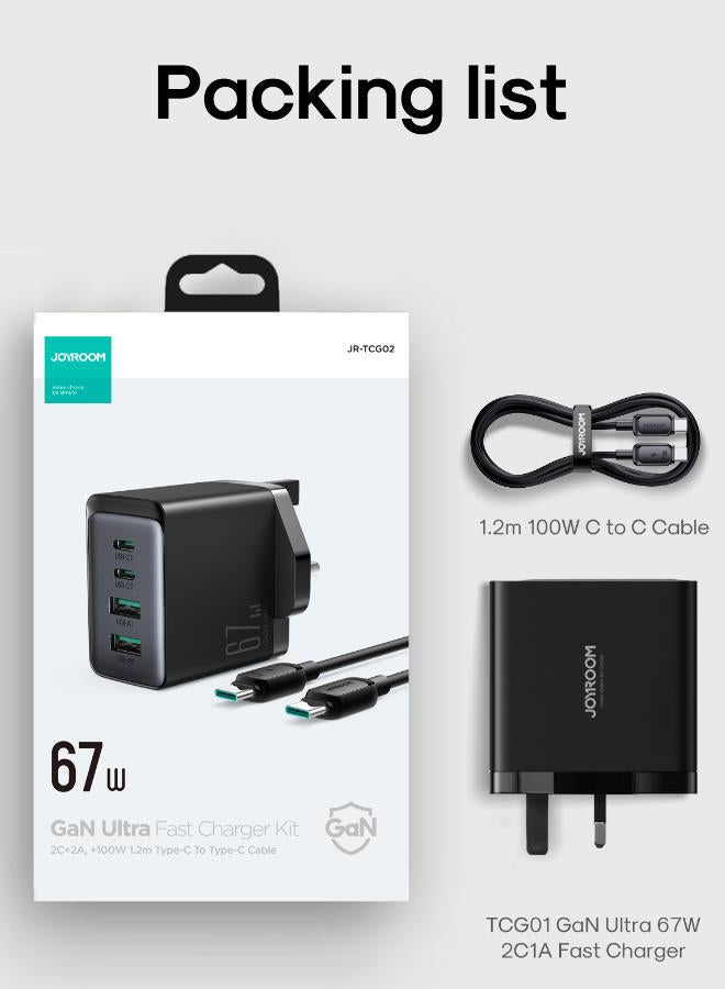 JOYROOM - Fast Charger And Cable Set PD 67W 4-Port GaN Type-C Plug QC 3.0 USB C Laptop Adapter Compatible With MacBook Pro/Air, Dell XPS, iPhone 14,iPad Pro, Galaxy S23,Pixel 7,Steam Deck/Lenovo/ASUS Contains One 1.2M 100W C-C Data Cable Black - Image 1