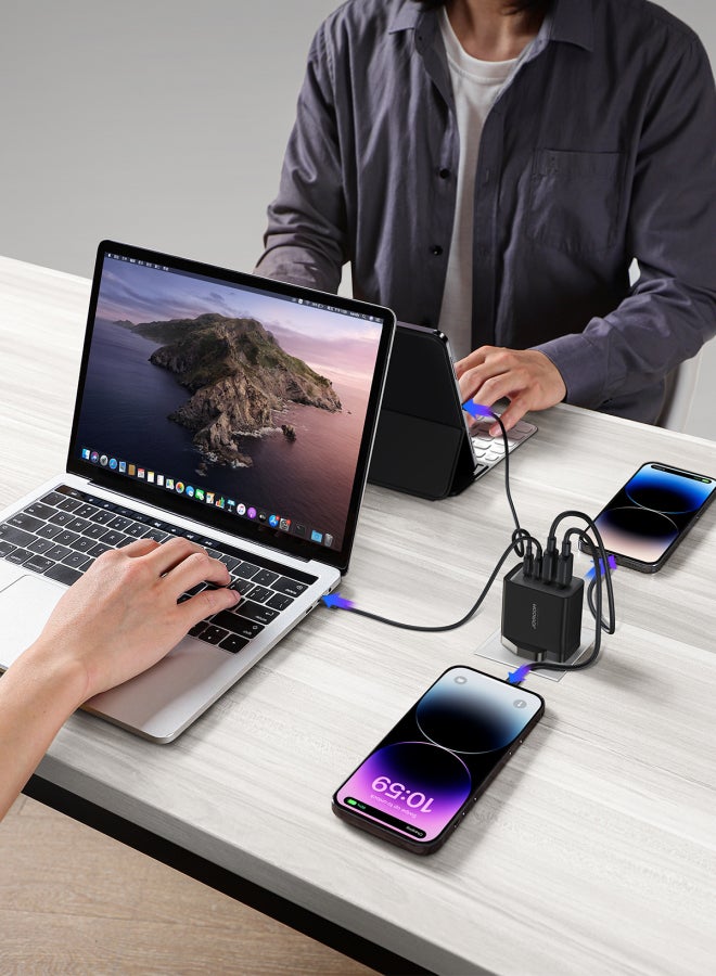 JOYROOM - Fast Charger And Cable Set PD 67W 4-Port GaN Type-C Plug QC 3.0 USB C Laptop Adapter Compatible With MacBook Pro/Air, Dell XPS, iPhone 14,iPad Pro, Galaxy S23,Pixel 7,Steam Deck/Lenovo/ASUS Contains One 1.2M 100W C-C Data Cable Black - Image 1
