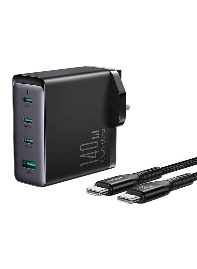 Fast Charger And Cable Set PD 140W 4-Port GaN Type-C Plug QC 3.0 USB C Laptop Adapter Compatible With MacBook Pro/Air, Dell XPS, iPhone 14/15,iPad Pro, Galaxy S23,Pixel 7,Steam Deck/Lenovo/ASUS Contains A 140W C-C Data Cable Black 