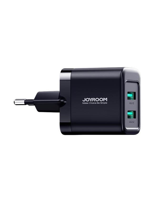 JOYROOM - 2.4A 2U compact 12W fast charger with QC 3.0 support. Wall charger plug travel adapter dual USB port 12W fast charger, compatible with Samsung AFC, Huawei SCP and other lower versions of iPhone. Black - Image 1
