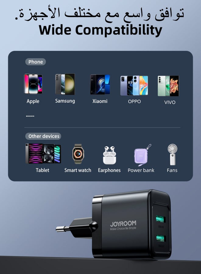 JOYROOM - 2.4A 2U compact 12W fast charger with QC 3.0 support. Wall charger plug travel adapter dual USB port 12W fast charger, compatible with Samsung AFC, Huawei SCP and other lower versions of iPhone. Black - Image 1
