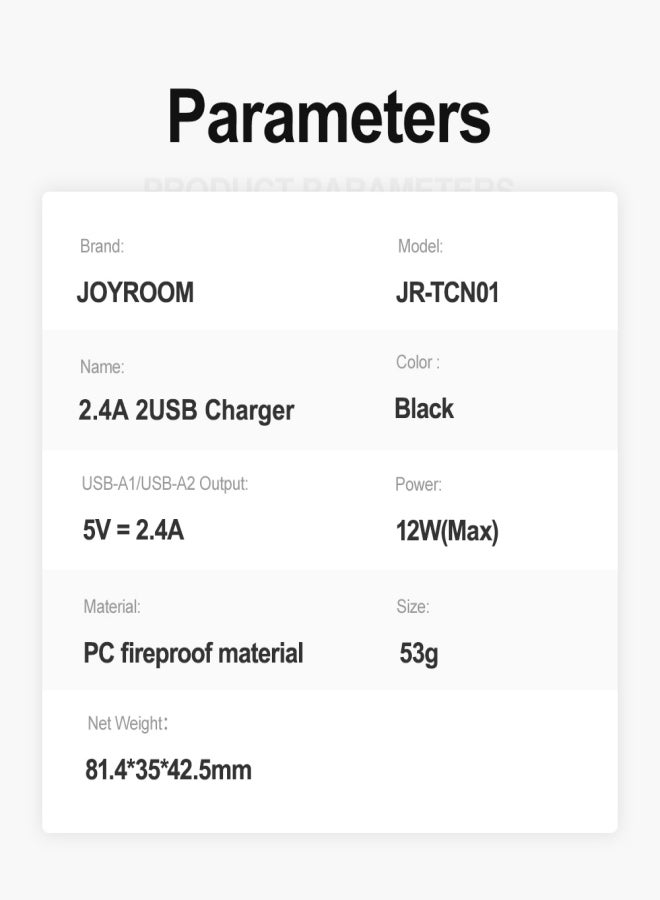 JOYROOM - 2.4A 2U compact 12W fast charger with QC 3.0 support. Wall charger plug travel adapter dual USB port 12W fast charger, compatible with Samsung AFC, Huawei SCP and other lower versions of iPhone. Black - Image 1