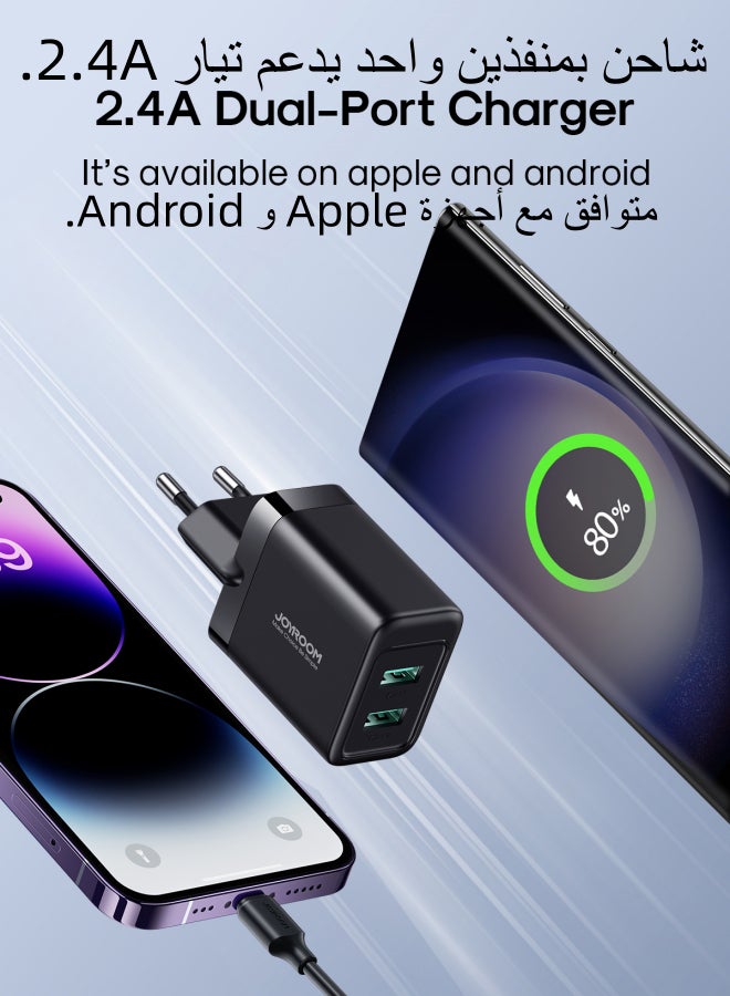 JOYROOM - 2.4A 2U compact 12W fast charger with QC 3.0 support. Wall charger plug travel adapter dual USB port 12W fast charger, compatible with Samsung AFC, Huawei SCP and other lower versions of iPhone. Black - Image 1