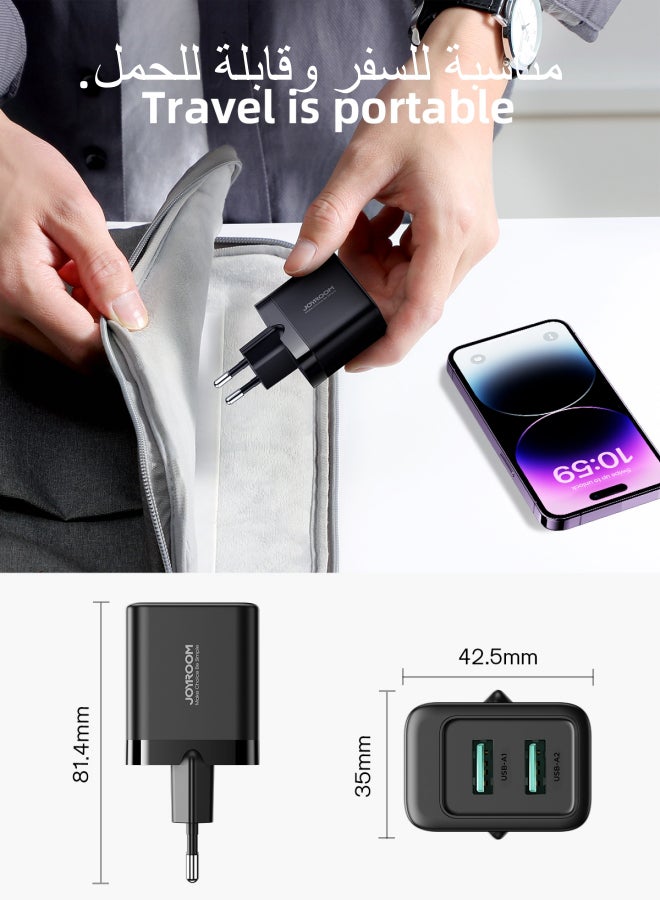 JOYROOM - 2.4A 2U compact 12W fast charger with QC 3.0 support. Wall charger plug travel adapter dual USB port 12W fast charger, compatible with Samsung AFC, Huawei SCP and other lower versions of iPhone. Black - Image 1
