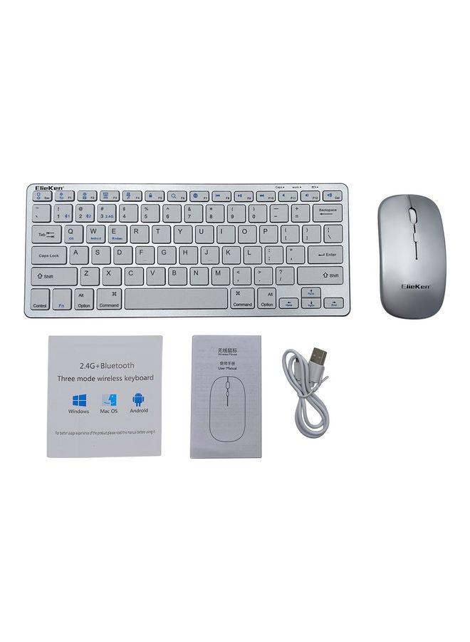 ElieKen - 2.4G Rechargeable Bluetooth Three Mode Wireless Keyboard And Mouse Set Usb External Portable For Desktop Notebook Silver - Image 1